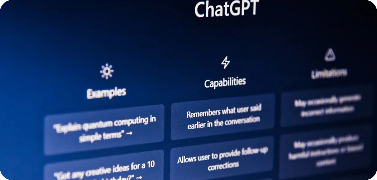 Tela do ChatGPT com as colunas Examples, Capabilities e Limitations