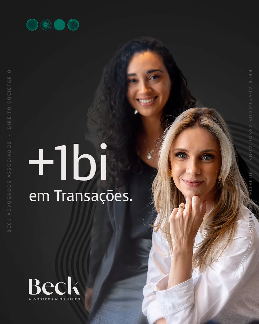 Peça do Beck Advogados com as sócias e o destaque de mais de 1 bilhão em transações