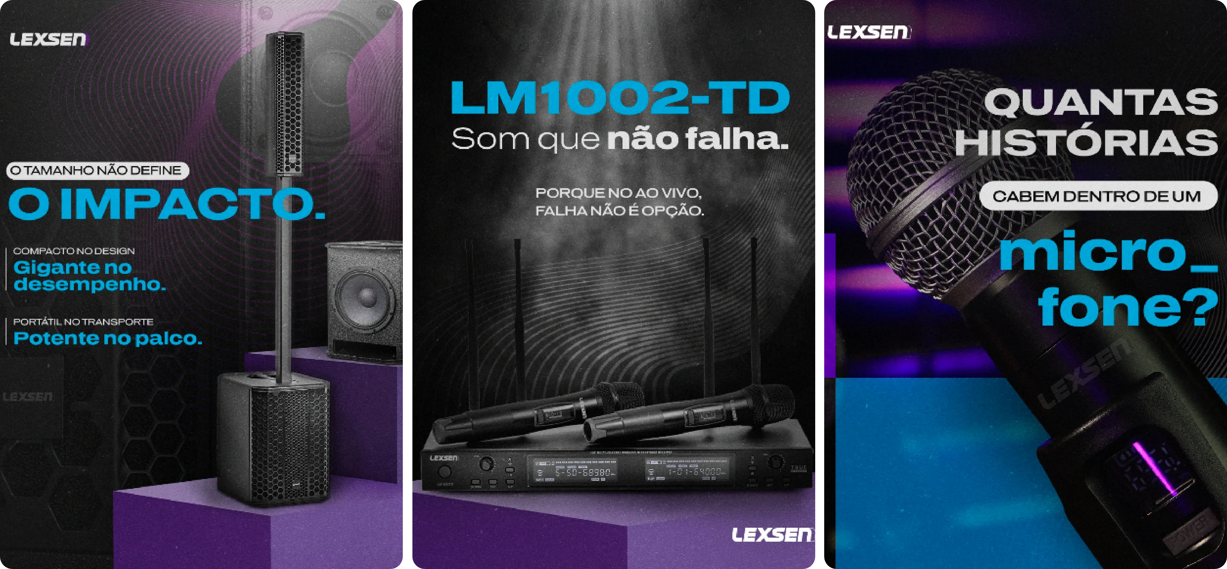 Cards de conteúdo da Lexsen sobre produtos e Filosofia do Som