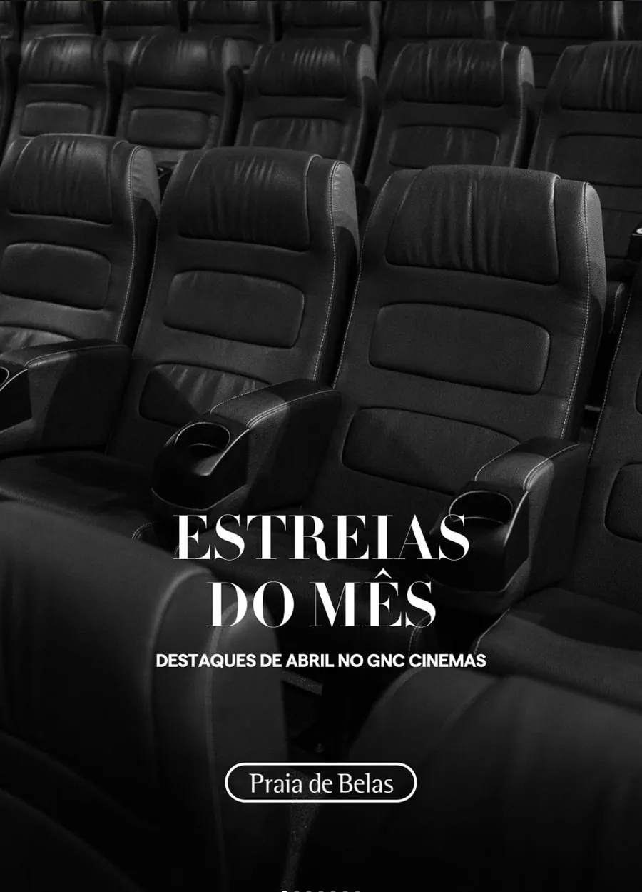 Peça de redes do Praia de Belas anunciando as estreias do mês no cinema do shopping