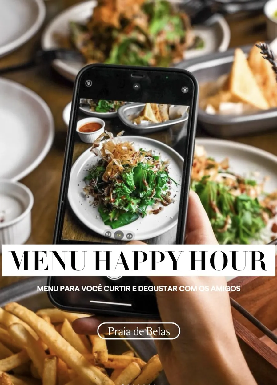 Peça de redes do Praia de Belas anunciando o menu de happy hour