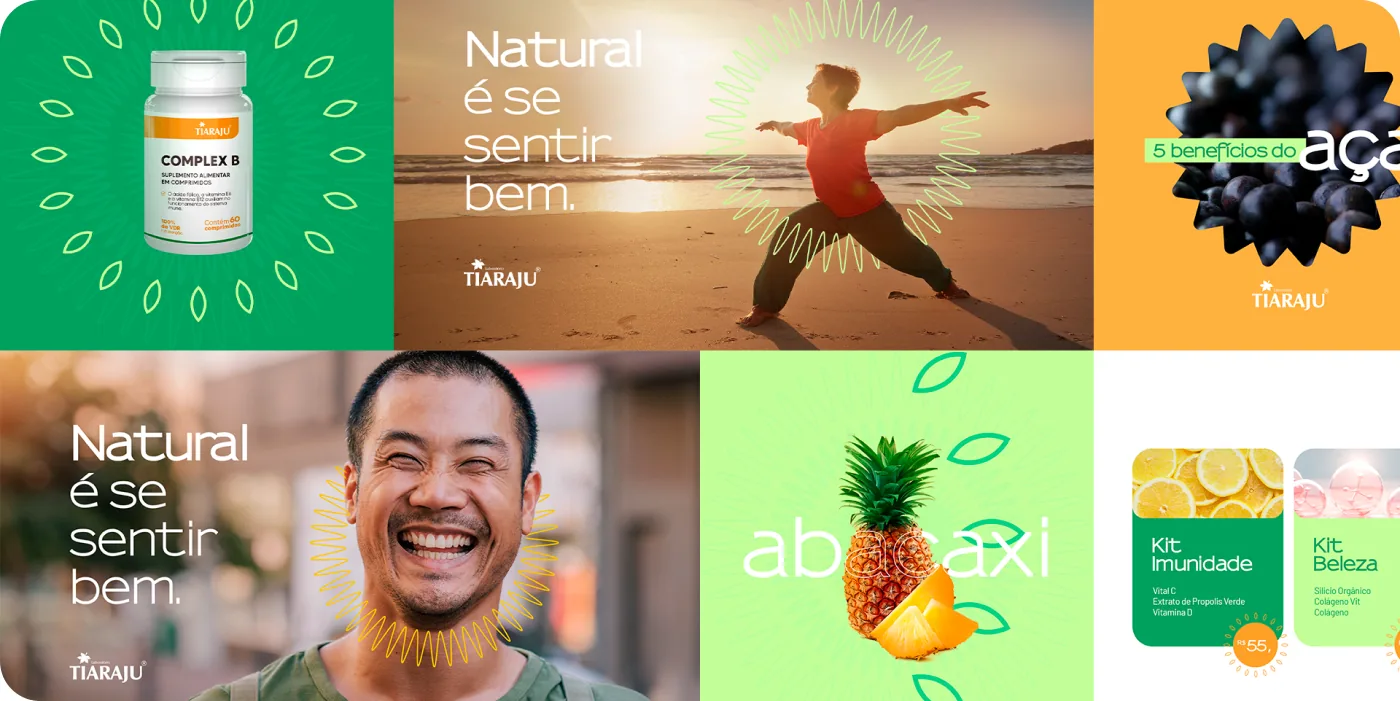 Peças de conteúdo do Laboratório Tiaraju com o conceito Natural é se sentir bem
