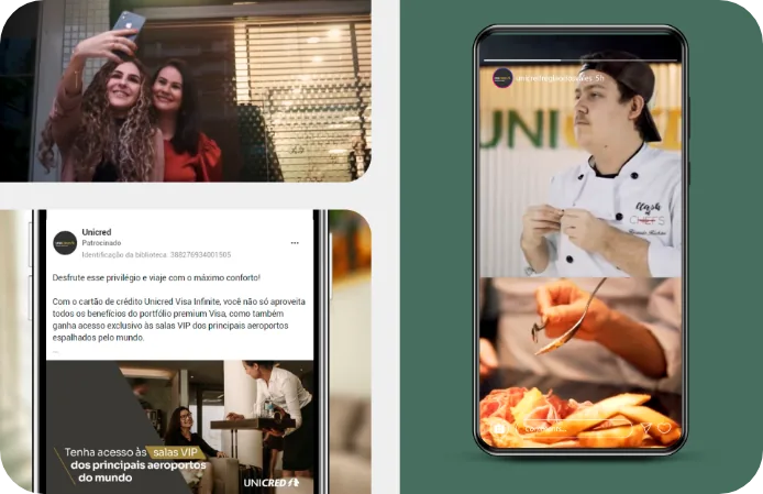 Peças de conteúdo e anúncios da Unicred em stories e feed